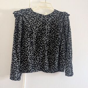a.n.a. 10P Petite Black White Floral Ruffle Blouse - Teacher Career Modest